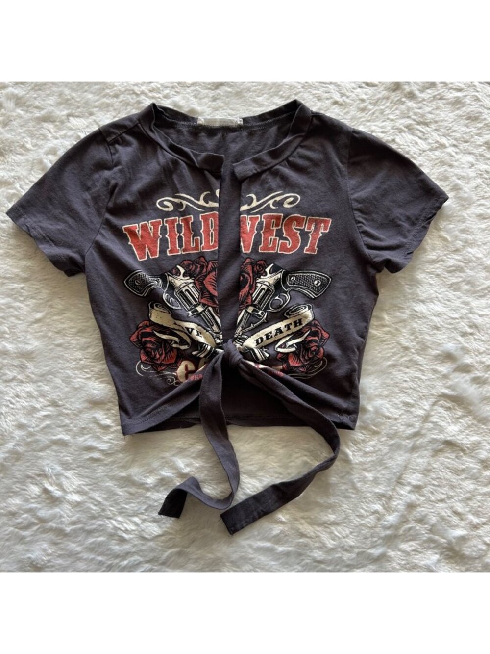 Wild West Graphic Tee Tie-Front Crop Top By 12th Tribe XS/S Western Festival